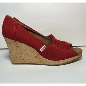 TOMS Red Canvas Cork Wedge Peep Toe Heels
Size 9